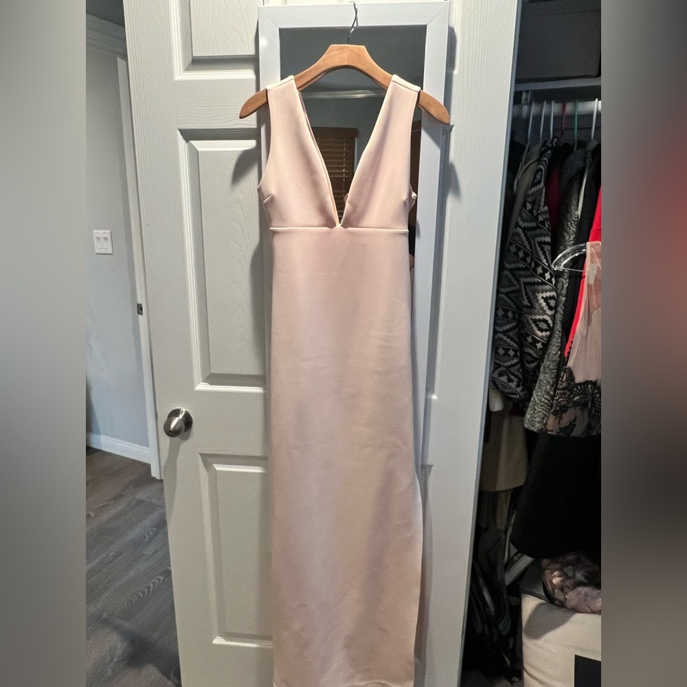 Marciano Glaceau Scuba maxi dress with side slit and open back. Cream